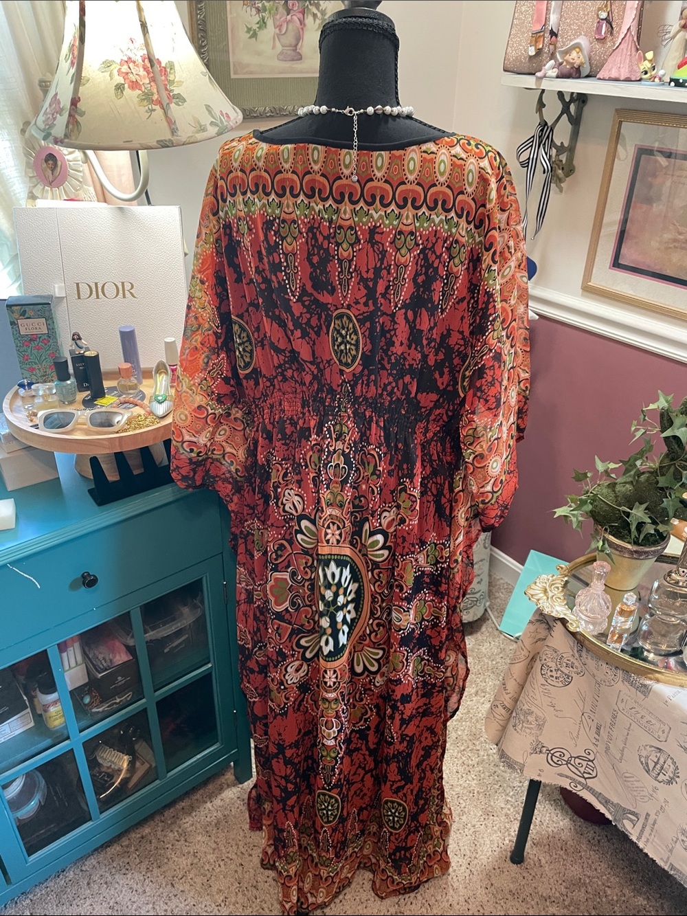 Bohemian V-Neck Floral Maxi Kaftan in Rust Red MPH Collection - Picture 7 of 13